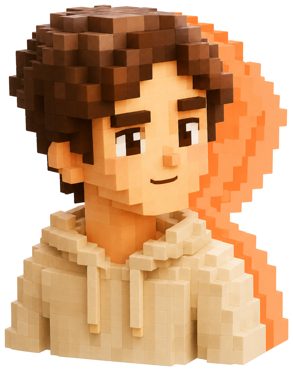 Twin, a soft voxel portrait with an orange echo silhouette